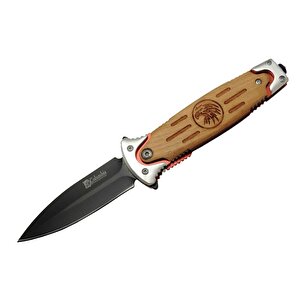 Fs 11032 Kahverengi Kurtarma / Kamp Çakısı 20cm - Kartal İşlemeli Ahşap Sap, Kemerlikli, Cam Kırma Aparatlı