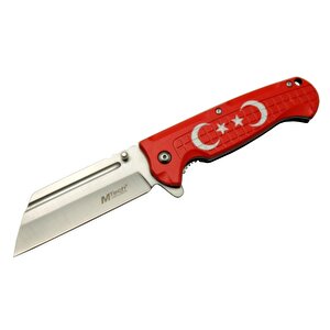 4-27 Kırmızı Tanto Kamp Çakı 21cm - Yarı Otomatik, Kemerlikli, Ay-yıldız Baskılı Sap