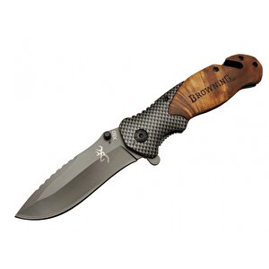 Browning X50 Kahverengi Kurtarma / Kamp Çakısı 20,5cm- Yarı Otomatik, Kemerlikli, Ahşap Sap, Cam Kırma Ve İp Kesme Aparatlı