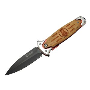 Fs 11031 Kahverengi Kamp Çakı 20cm- Police İşlemeli, Ahşap Sap, Kemerlikli, Cam Kırma Aparatlı