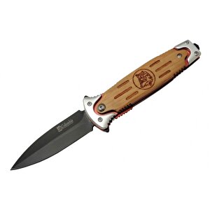 Fs 11033 Kahverengi Kurtarma / Kamp Çakısı 20cm - Yarı Otomatik, Kurt İşlemeli Ahşap Sap, Kemerlikli
