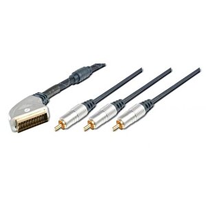 Yüksek Kaliteli Scart Kablosu, Scart Erkek  3 X Rca Erkek Cinch Konnektör, 5 Metre, Metal Fiş, Krom Kaplama, Kontak Uçları Altın Kaplama, Ferrite Filtre, Zırhlı