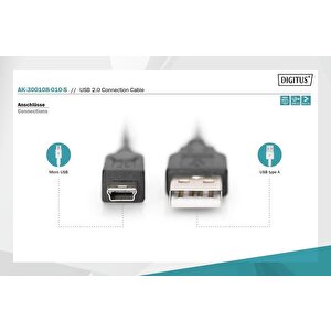 Usb 2.0 Bağlantı Kablosu, Usb A Erkek - Usb Mini B (5 Pin) Erkek, 3 Metre, Awg 28, Usb 2.0 Uyumlu, Ul, Siyah Renk Tdrtr