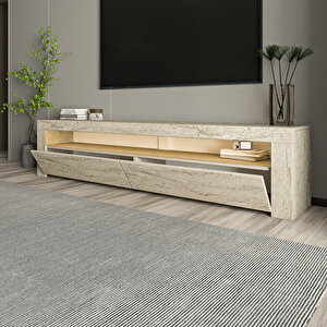 Batı LED Işıklı 2 Kapaklı TV Sehpası – 150 cm – Minimal Tasarım, Traverten Desen Bej