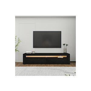 Batı Led Işıklı, 2 Kapaklı Tv Ünitesi, Tv Sehpası Ahşap Siyah Siyah Desenli