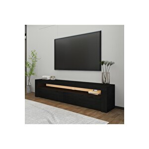 Batı Led Işıklı, 2 Kapaklı Tv Ünitesi, Tv Sehpası Ahşap Siyah Siyah Desenli
