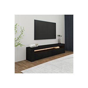 Batı Led Işıklı, 2 Kapaklı Tv Ünitesi, Tv Sehpası Ahşap Siyah Siyah Desenli