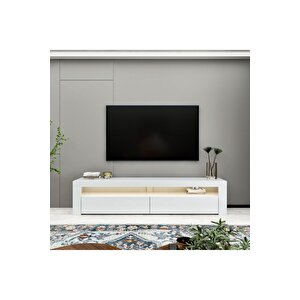 Batı Led Işıklı, 2 Kapaklı Tv Ünitesi, Tv Sehpası Parlak Beyaz Parlak Beyaz
