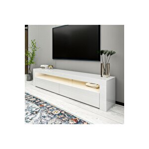 Batı Led Işıklı, 2 Kapaklı Tv Ünitesi, Tv Sehpası Parlak Beyaz Parlak Beyaz