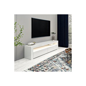 Batı Led Işıklı, 2 Kapaklı Tv Ünitesi, Tv Sehpası Parlak Beyaz Parlak Beyaz