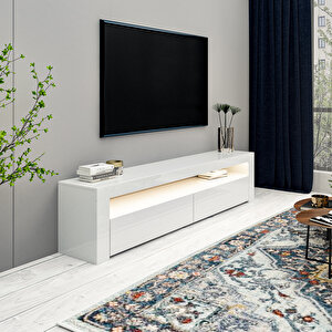 Batı LED Işıklı 2 Kapaklı TV Sehpası – 150 cm – Minimal Tasarım, Parlak Beyaz