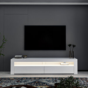 Batı LED Işıklı 2 Kapaklı TV Sehpası – 150 cm – Minimal Tasarım, Parlak Beyaz