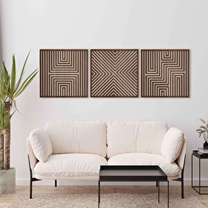 Ahşap Duvar Tablosu, 3 Parça Ahşap Modern Duvar Dekoru, Soyut Desen Duvar Paneli, Ceviz 71x71 cm