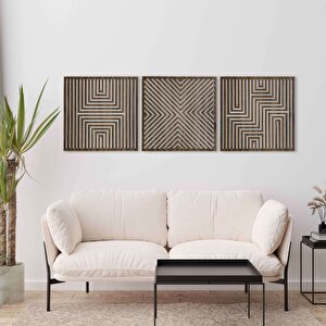 Ahşap Duvar Tablosu, 3 Parça Ahşap Modern Duvar Dekoru, Soyut Desen Duvar Paneli, Akasya 71x71 cm