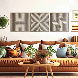 Ahşap Duvar Tablosu, 3 Parça Ahşap Modern Duvar Dekoru, Soyut Desen Duvar Paneli, Mostar 71x71 cm