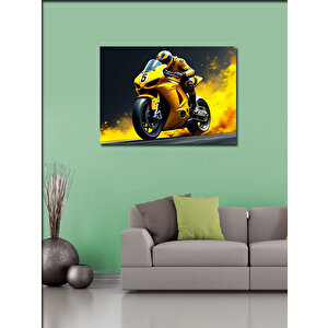 Kanvas Tablo Sarı Yarış Motoru 70x100 cm