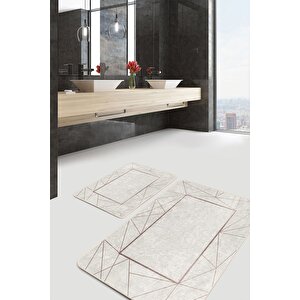 Gri Altın Desen Doğal Pamuklu 2'li Banyo&Mutfak Paspas Seti 60x100 50x60 Cm