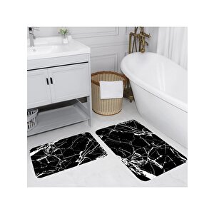 Siyah Doğal Pamuklu 2'li Banyo&Mutfak Paspas Seti 60x100 50x60 Cm