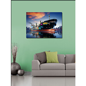 Kanvas Tablo Çiçekli Konteyner Gemisi 70x100 cm