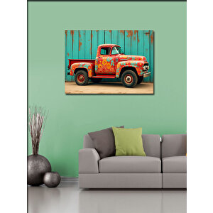 Kanvas Tablo Çiçek Desenli Kırmızı Kamyonet 70x100 cm