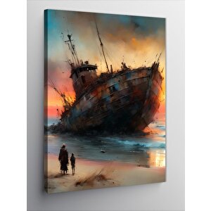 Kanvas Tablo Kıyıya Vurmuş Batık Gemi 50x70 cm