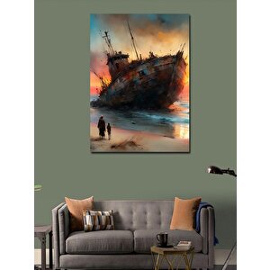 Kanvas Tablo Kıyıya Vurmuş Batık Gemi 50x70 cm