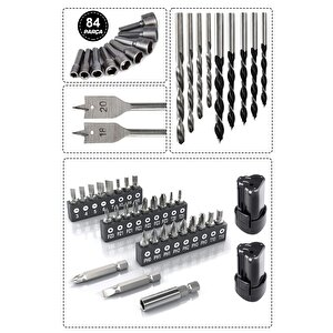 12v 13mm Çelik Mandrenli Şarjlı Matkap Akülü Vidalama 84 Parça