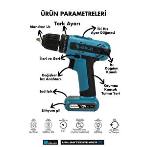 Assur 12v Dahili Batarya Akülü Vidalama Şarjlı Matkap