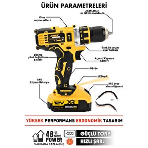 12v Şarjlı Matkap Metal Şanzıman Bakır Sargılı Çift Akülü