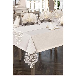 Crown Linen Fransız Güpürlü Masa Örtüsü Takımı 26 Parça Krem