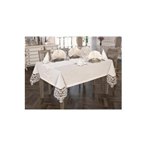 Crown Linen Fransız Güpürlü Masa Örtüsü Takımı 26 Parça Krem