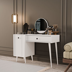 2240 LOVE AYNALI (AHŞAP AYAKLI) MDF PROFİL ÇERÇEVELİ ÇEKMECELİ - KAPAKLI 120 CM MAKYAJ MASASI BEYAZ