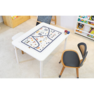 Montessori Çocuk Aktivite Masası, Yol Haritası Desenli Ahşap Oyun Masası
