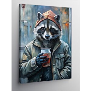 Kanvas Tablo Kahve İçen Rakun 100x140 cm
