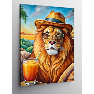 Kanvas Tablo Portakal Suyu İçen Aslan 70x100 cm