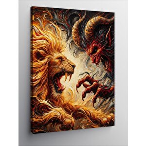 Kanvas Tablo Ateşli Aslan Ve Canavar Dövüşü 70x100 cm