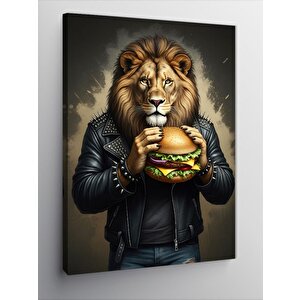 Kanvas Tablo Deri Ceketli Aslan, Hamburger İle 100x140 cm