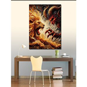 Kanvas Tablo Ateşli Aslan Ve Canavar Dövüşü 100x140 cm