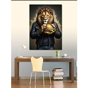 Kanvas Tablo Deri Ceketli Aslan, Hamburger İle 50x70 cm