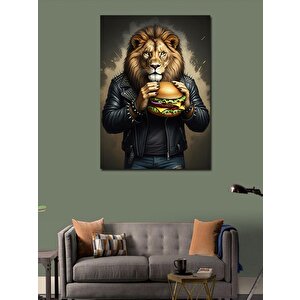 Kanvas Tablo Deri Ceketli Aslan, Hamburger İle 50x70 cm