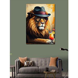 Kanvas Tablo Şapkalı Aslan Ve İçecek 100x140 cm