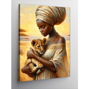 Kanvas Tablo Afrikalı Kadın Ve Aslan 70x100 cm