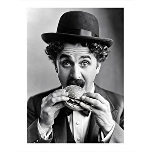 Charlie Chaplin Hamburger Yiyor Modern Ahşap Tablo 25cmx 35cm 25x35 cm