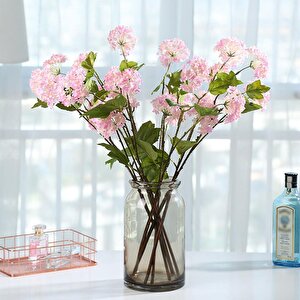 Yapay Çiçek Ortanca 3 Toplu Pembe Tek Dal Tomurcuklu 75*25cm Kumaş Çiçek Uzun Dal