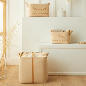 3'lü Çocuk Odası Jüt Keten Kumaş Sepet Set 1 Adet 24 X 17 X 14 / 1 Adet 30 X 21 X 18 / 1 Adet 30 X 30 X 30 Cm