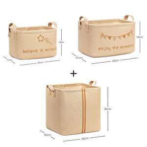 Ocean Home Textile 3'lü Çocuk Odası Jüt Keten Kumaş Sepet Set 1 Adet 24 X 17 X 14 / 1 Adet 30 X 21 X 18 / 1 Adet 30 X 30 X 30 Cm
