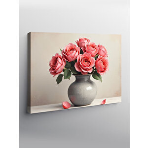 Kanvas Tablo Pembe Çiçekli Vazo İllüstrasyonu 50x70 cm
