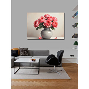 Kanvas Tablo Pembe Çiçekli Vazo İllüstrasyonu 50x70 cm