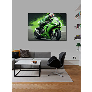 Kanvas Tablo Yeşil Motosiklet Aksiyonu 70x100 cm