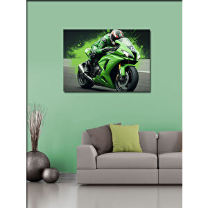 Kanvas Tablo Yeşil Motosiklet Aksiyonu 70x100 cm